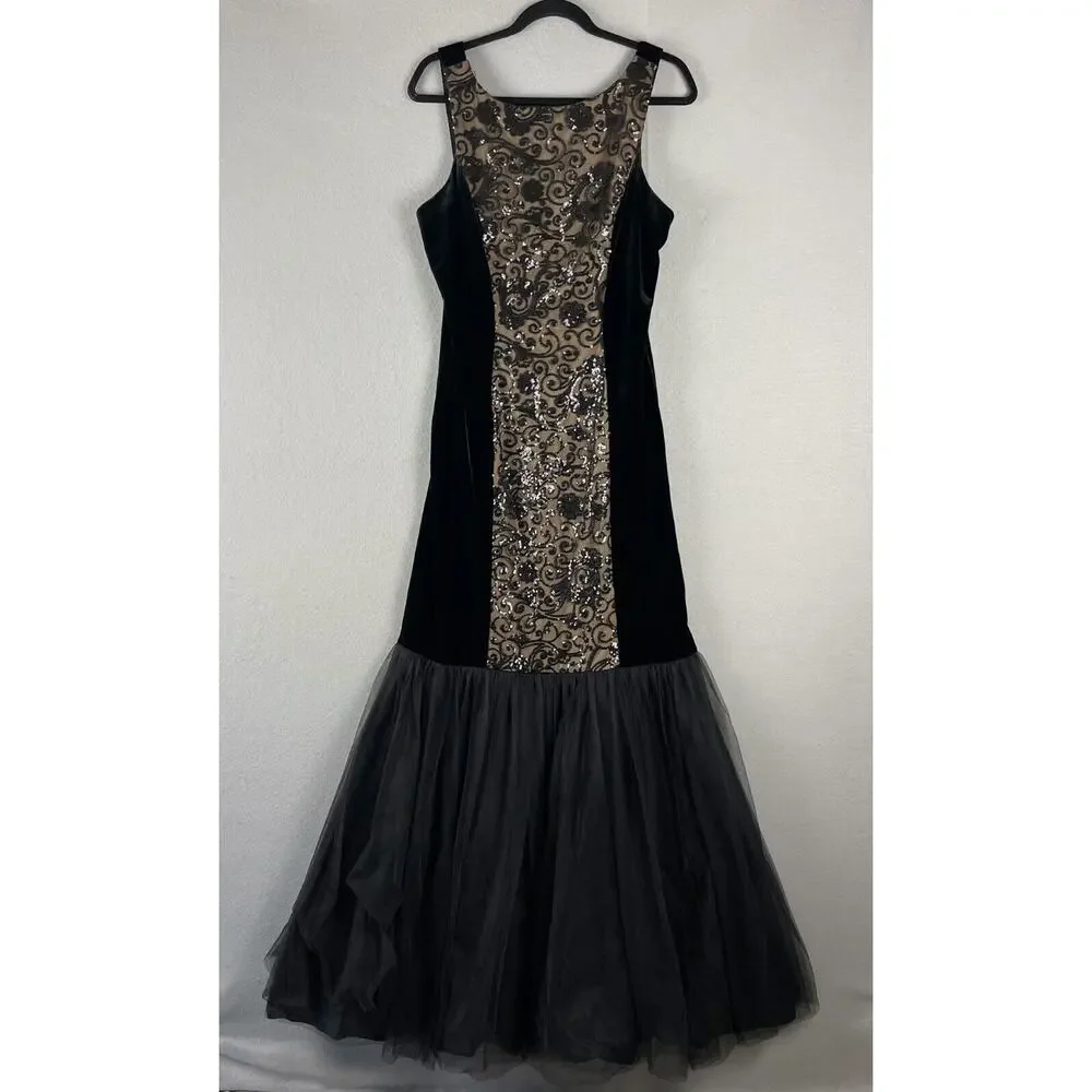 Alex Evenings Formal Dress Women 12 Black Sequin Velvet Mermaid Witchy Glam Goth